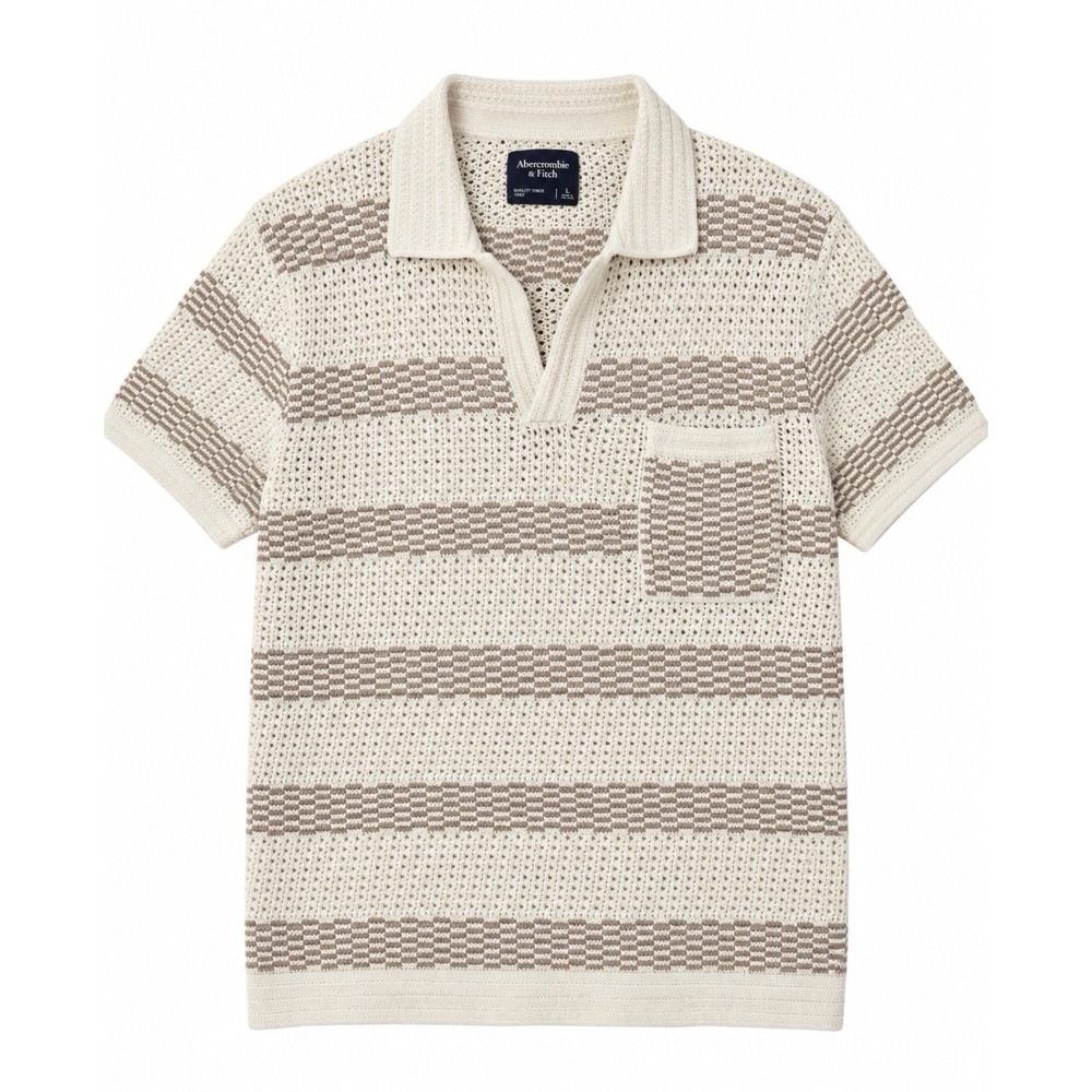 Abercrombie & Fitch Men's L Open Knit Polo Shirt Cream Taupe Striped Pocket